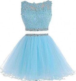 2019 Nieuwste Tweedelige Tule Korte Homecoming Jurken Voor Junioren Vrouwen Plus Size Applicaties Mini Afstuderen Formele Prom Party Gown 8018703