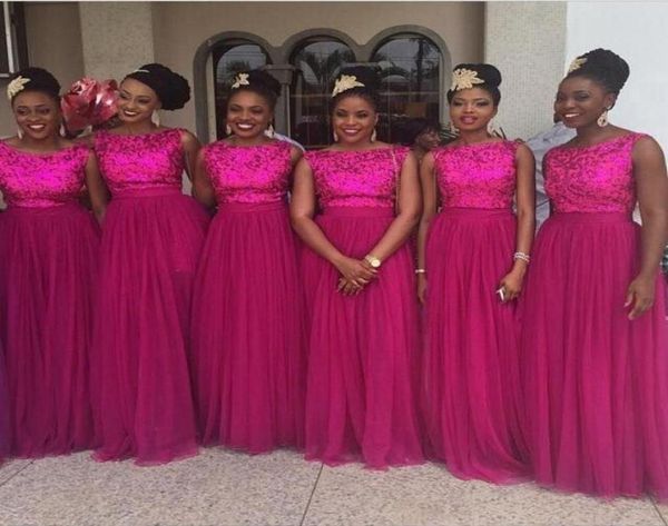 2019 Vestidos de dama de honor nigeriano Fuschia LECURA TULLO Long Prom Wedding Farty Gowns African Bellanaija Custom6551155