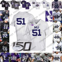 2019 Northwestern # 13 Trevor Siemian 51 Pat Fitzgerald 28 Jeremy Larkin 11 Aidan Smith Noir Gris Violet Blanc Vintage CFB 150TH Jersey