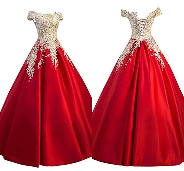 2019 fuera del hombro Vestidos formales Una línea de encaje dorado Satén rojo Espalda abierta Vestidos de baile Vestidos de noche largos Vestido de fiesta elegante Mujer