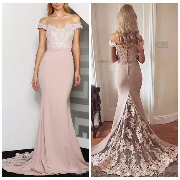 2019 Fuera del hombro Sirena delgada Vestidos de dama de honor Apliques de encaje Tallas grandes Vestidos de dama de honor formales Vestidos personalizados en línea De B285j