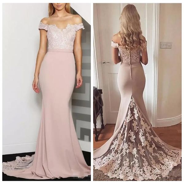 2019 Fuera del hombro Sirena delgada Vestidos de dama de honor Apliques de encaje Tallas grandes Vestidos de dama de honor formales Vestidos personalizados en línea De B247W