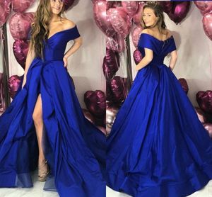 2019 van de schouder formele prom jurken met gespleten gedrapeerde taffeta formele jurk avondjurken speciale gelegenheid jurk meisjes feestjurk