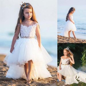 2019 En Vente Belle Blanc Court Devant Long Retour Designer Enfants Robes Illusion Jewel Cou Cap Manches Dentelle Corsage Enfants Robes De Soirée