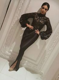Élégant Dubaï Arabie Saoudite À Manches Longues Sirène Robes De Soirée Sheer Sequins Noir Musulman Split Long Prom Pageant Robe De Mari￩e Robes De Soirée