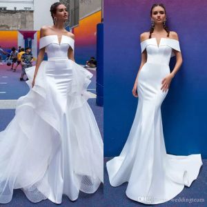 2020 Robes de mariée de sirène de teetro -kirt avec un train détachable des robes de mariée à l'épaule trompette Satin Vestido de Novia
