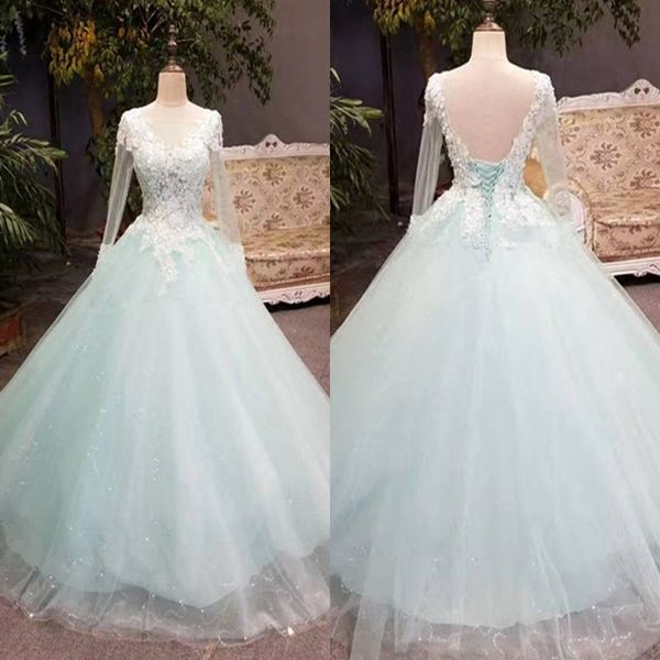 2019 Robes de mariée colorées à la menthe pâle Sparkly Paillettes Tulle Longueur de plancher Illusion Top Sheer Manches longues Dentelle Applique Corset Robe de mariée