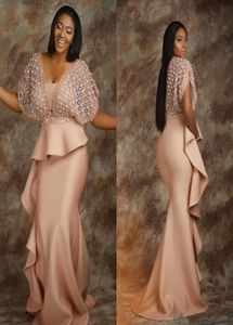 2019 Parel Roze Avondkleding Dresse Afrikaanse Saoedi-Arabië Kant Voor Vrouwen Formele Jurk Schede Halve Mouw Prom Jassen Celebrity gewaad 1777967