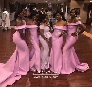 2019 vestidos de dama de honor de color rosa Sexy fuera del hombro sirena vestido de fiesta largo barrido tren vestidos de fiesta personalizados