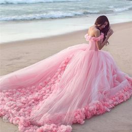 2019 Pink Cloud 3D Flower Rose Trouwjurken Lange Tulle Puffy Ruffle Robe De Mariage Bruidsjurk Said Mhamad Trouwjurk3070