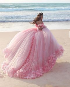 2019 Pink Cloud 3D Bloem Rose Trouwjurken Lange Tule Puffy Ruffle Robe De Mariage Bruidsjurk Said Mhamad Wedding Gown227e