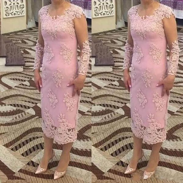 2019 Vestidos formales rosados para la madre de la novia Mangas largas Joya Apliques de encaje Ilusión Longitud del té Fiesta de graduación Vestidos de boda por la noche 238B