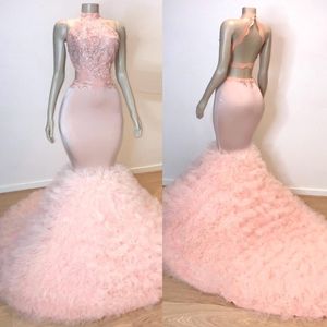 2019 Pink Halter TuLle Mermaid Long Prom Jurken Lace Applique Ruffles gelaagde sweep trein avondjurken Vestidos de festa BC0983