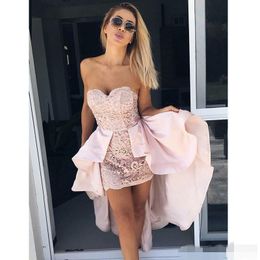 2019 roze hoge lage homecoming jurken kanten satijn overgraven sweetheart halslijn afstuderen prom feestjurk mantel formele ocn slijtage