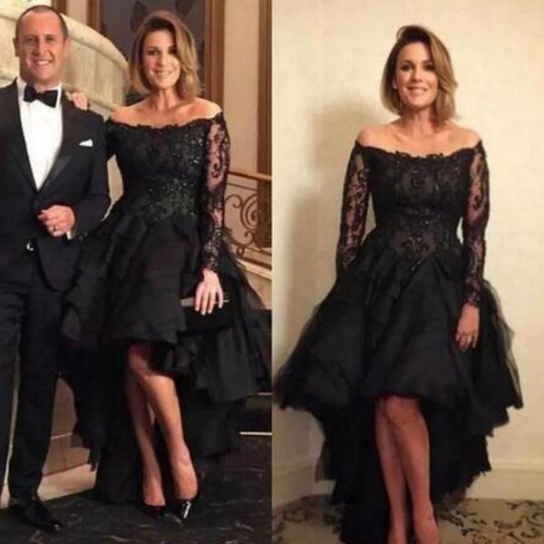 2019 Plus La Taille Salut Lo Robes De Bal De L'épaule Illusion Manches Longues À Volants Tulle Court Avant Long Retour Soirée Noir Robes De Soirée