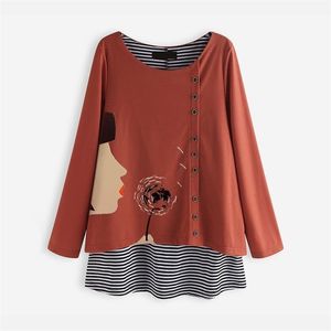 2019 Plus size lente blouse vrouwen casual lange mouw cartoon bedrukte gestreepte patchwork shirts tuniek tops blusas vrouwelijke chemise t200321
