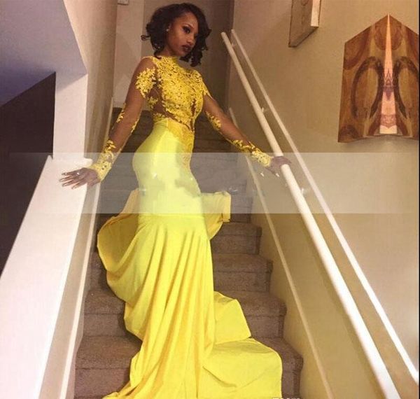2019 bastante amarillo encaje africano apliques sudafricanos vestidos de baile sirena de manga larga banquete vestido de fiesta de noche por encargo más tamaño
