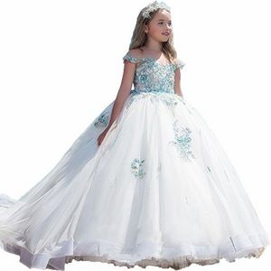 Prinses Baljurk Meisjes Pageant Jurken Puffy Tulle Sweep Train Sheer Elegant Off Shoulder Applique Beaded Girls Formal Prom Dress