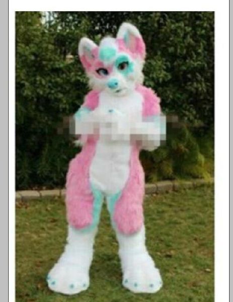 2019 Profession fait rose longue fourrure fourrure renard loup Husky chien mascotte Costume Fursuit adulte dessin animé fête de noël