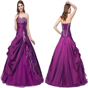 2019 prom jurk paarse borduurwerkjurken strapless emboridery pick-ups formele jurken avond a-line spaghetti prom jurken 3042