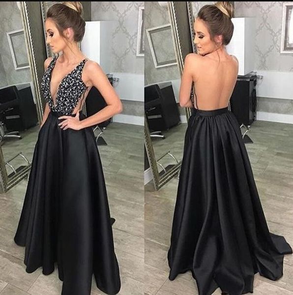 2019 Vestidos de baile A-Line Negro Sin mangas sin espalda Escote en V profundo Hasta el suelo Rebordear Vestidos de fiesta de noche sexy y baratos bestidos de gala