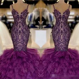 Robes de bal de bal de sirène violette 2019 Spaghetti Jupe à plusieurs niveaux de dentelle Made personnalisées Longues robes de fête de soirée formelles OCN Portez 403 403