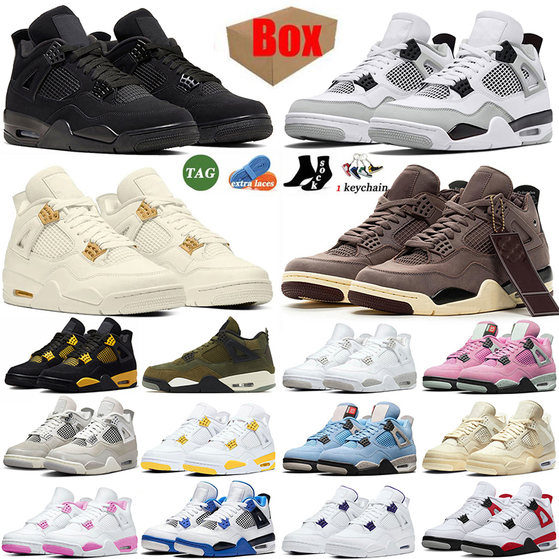 Met doos 4s basketbalschoenen Dames Heren Jumpman 4 WMNS Sail Militair Black Cat Oreo Wit Militair Blauw Levendig Zwavel Medium Olijf Sportschoenen