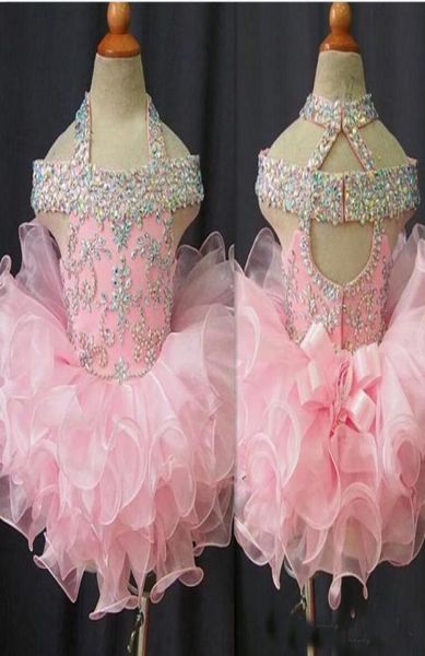 2019 Vraiment mignon Rose Organza Toddler Pageant Robes Crystal Ruffles Cupcake Kids Robes de bal avec arc petit bébé anniversaire P5553851