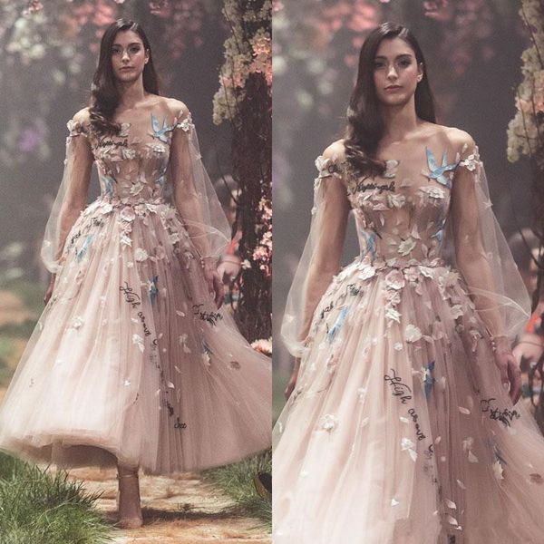 2019 real Paolo Sebastian primavera vestidos de baile de manga larga bordado de flores fiesta vestidos de noche apliques hasta el tobillo tul Form288O