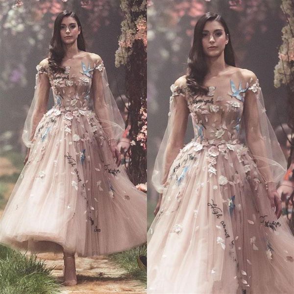 2019 réel Paolo Sebastian printemps robes de bal manches longues fleur broderie fête robes de soirée appliques cheville longueur tulle form171k