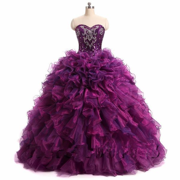 2019 Photo réelle violet moins cher robe de bal robes de Quinceanera perlée douce 16 ans robe de soirée de bal robes De 15 Anos QC1430