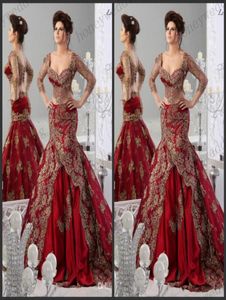 2019 Rode avondjurken 34 lange mouwen Arabische Jajjacouture borduurwerk v nek vestidos prom baljurken beroemdheid zeemeermin jurk1018405