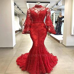 2019 rojo cuello alto encaje sirena vestidos de noche largos acampanados manga larga con cuentas barrido tren baile vestidos de fiesta formales BC0816263f