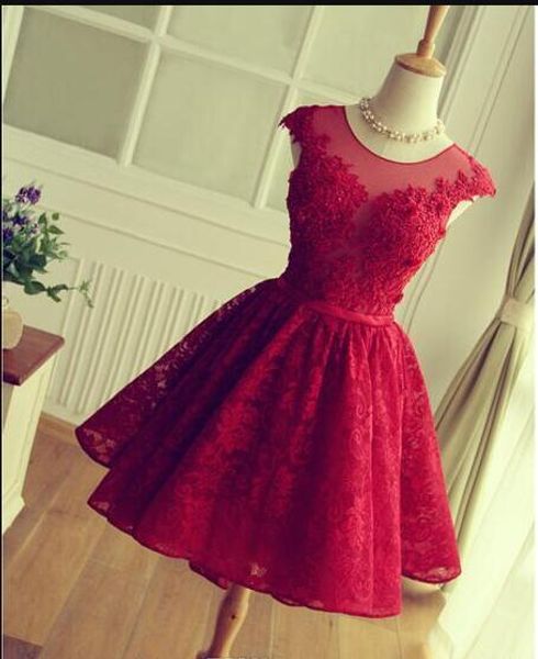 2019 robes de bal en dentelle rouge courte mini jupe col transparent tulle appliques graduation robes de soirée robes de fiesta cortos