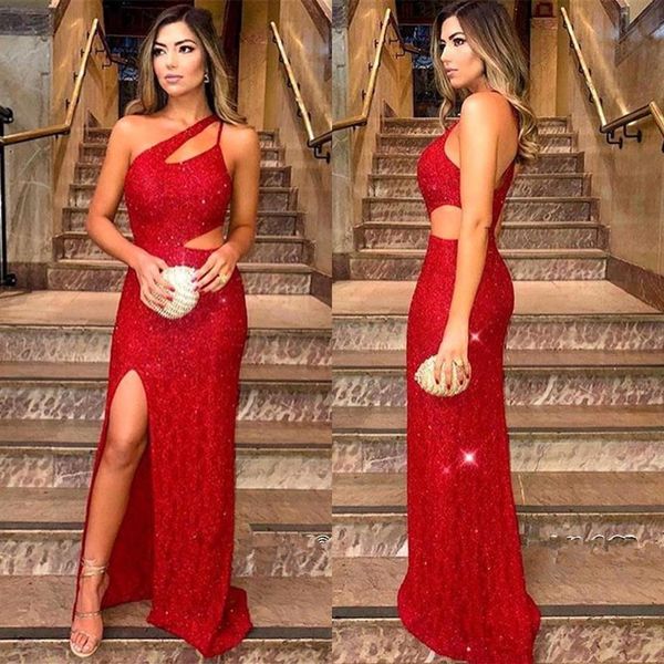 2019 Red Un hombro Lentejuelas Sirena Vestidos de noche largos Split Cut Away Sweep Train Fiesta formal Vestidos de noche BC16632222