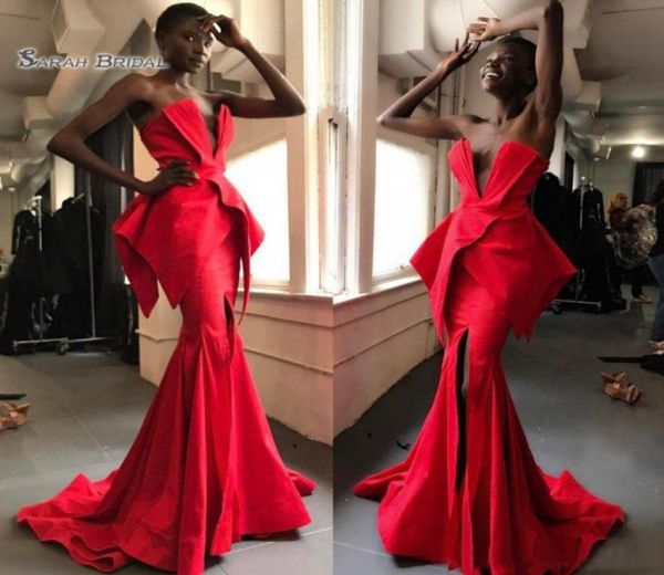 2019 robes de soirée sirène en satin rouge robes de bal sans bretelles sud-africaines fendues pas cher balayage train formelle Party7946497