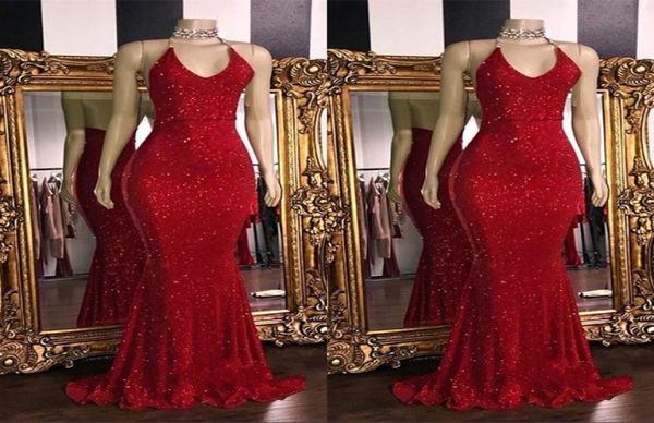 2019 Red Sparking Sequins Mermaid Long Prom Dresses Halter Backless Train Fily Farty Gowns8418300