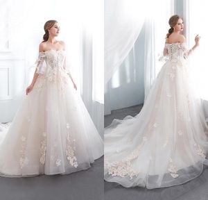 2019 Romantic Designer Off The Shoulder Light Champagne Trouwjurken Goedkope Arabische Kant Trouwjurk Kerk Bruidsjurken CPS1003