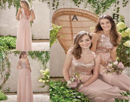 Vestidos de dama de honor de oro rosa 2019 Una línea Spaghetti Sequinas sin espalda Chiffon Cheap Long Beach Wedding Gust Dress Maid of Honor Gow6077646