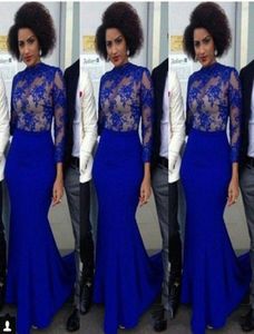 2019 Royal Blue Arabische jurken Mermaid avondje slijtage juweel pure nek lange mouwen prom jurken kanten nigeriaanse stijl cocktail evenin5859502