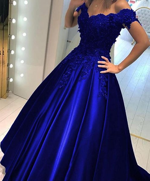 2019 Royal Blue Barato Vestido de fiesta Vestido de fiesta Fuera del hombro Encaje 3D Flores Corsé con cuentas Volver Satén Noche Vestido formal Vestidos Nuevo