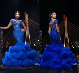 2019 Royal Blue Lace Appliqued Sirène Robes De Bal De Luxe Col Haut Manches Longues Robe De Soirée Africaine Formelle Parti Pageant Robe