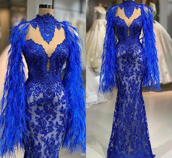2019 Royal Blue Prom Dress Lace Appliqued Pearls Feather Sparkly Mermaid Vestidos de noche Party Wear Sexy African High Neck Pageant Dresses