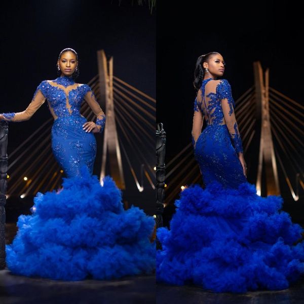 2019 robes de bal bleu royal à col haut en dentelle appliqued perles robe de soirée sirène manches longues couche de nuages ​​magnifiques robes de soirée