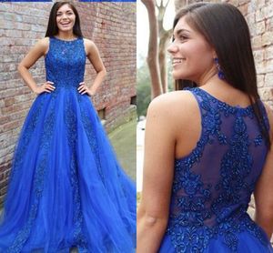 2019 koningsblauw prom dresses lange kant applique kralen kristal tule prinses avondjurk vrouwen formele elegante jurken vestido de fiesta