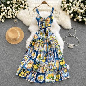 Robes décontractées d'été Femmes 2024 Fashion Bohemian Long Robes Vacation Elegant Sexy Strap Lemon Print Plus taille