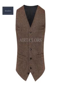 2019 Mariage rustique Brown Wool Tweed Vest Men de style britannique Vêtes de marié sur mesure