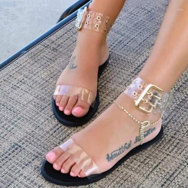 Sandalias 2021, zapatos planos transparentes para Mujer, Sandalias de playa romanas transparentes de talla grande para Mujer 1