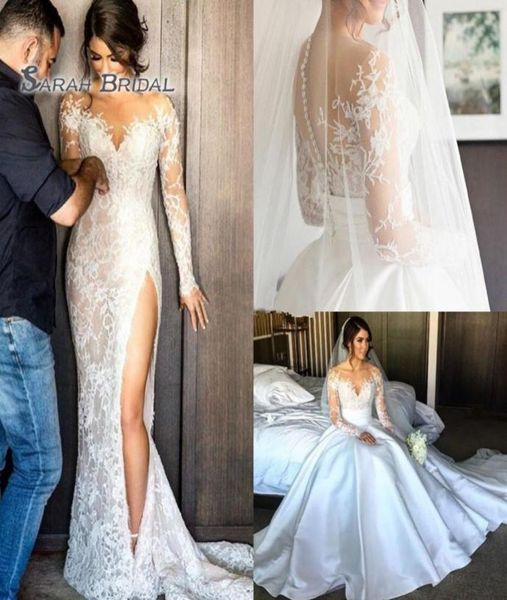 Robe de la mariée en satin 2019 avec sur-digne hight plage divisé plage sexy manches longues arrière sans robe de soirée