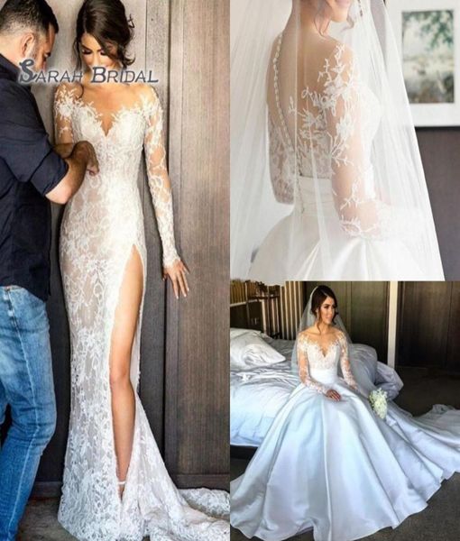 Robe de mariée en satin 2019 avec sur-digne sur la plage de la plage divisée sexy